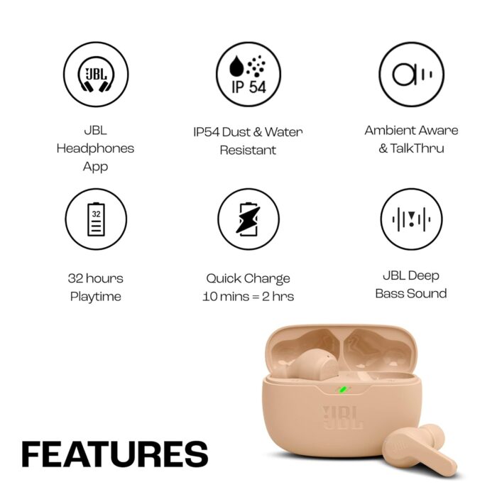 JBL Wave Beam TWS, 32Hr Playtime, IP54, Smart Ambient & TalkThru Mode, JBL App Bluetooth Headset??(Beige, In the Ear) - Image 3