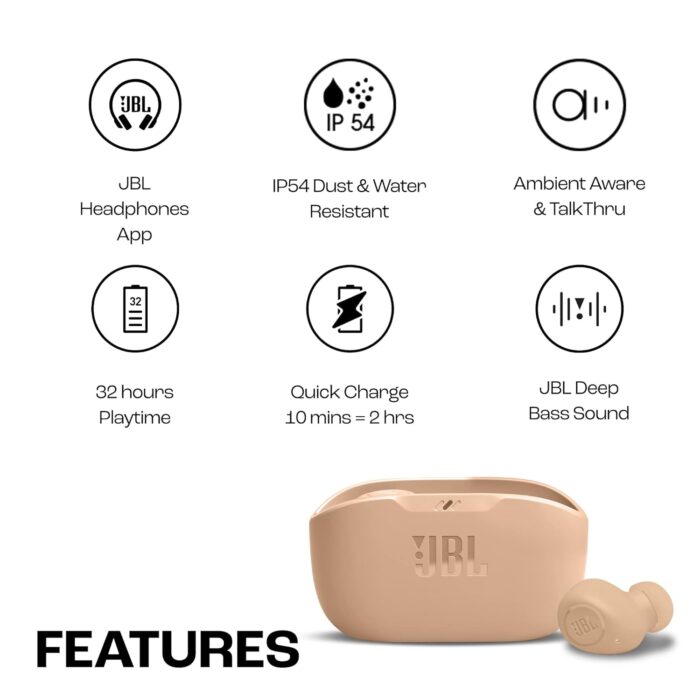 JBL Wave Buds TWS, 32Hr Playtime, IP54, Smart Ambient & TalkThru Mode, JBL App, Bluetooth Headset??(Beige, In the Ear) - Image 3