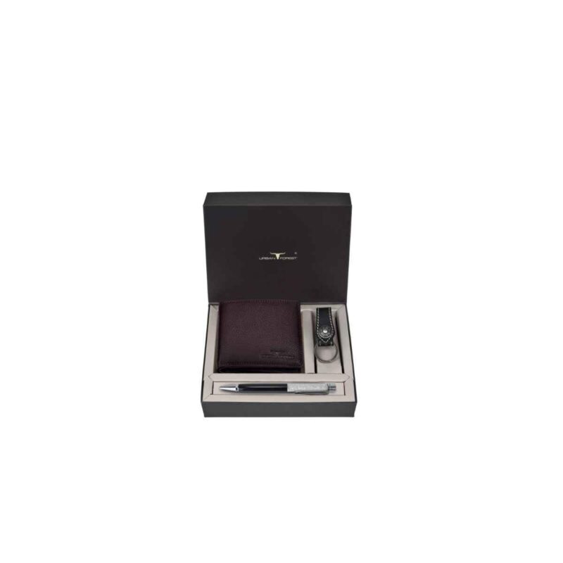 Gift Set for Men Combo Brown Leather Wallet, Black Keychain & Pen