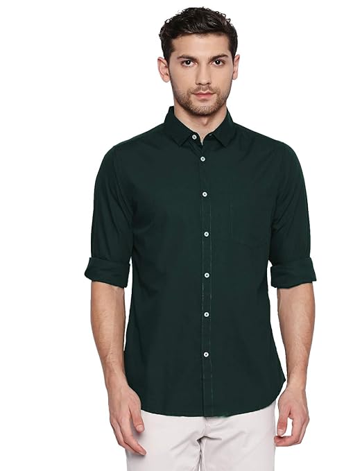 Men Solid Cotton Casual Dark Green Shirt