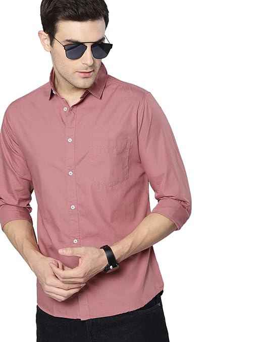 Men Solid Cotton Casual Dusty Pink Shirt