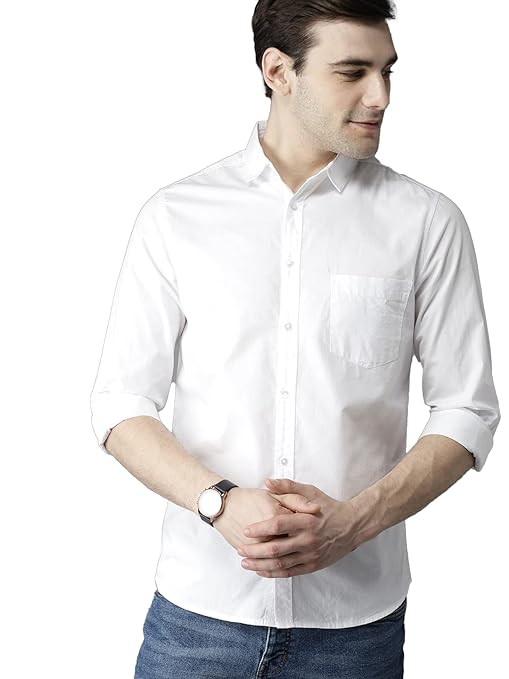 Men Solid Cotton Casual White Shirt