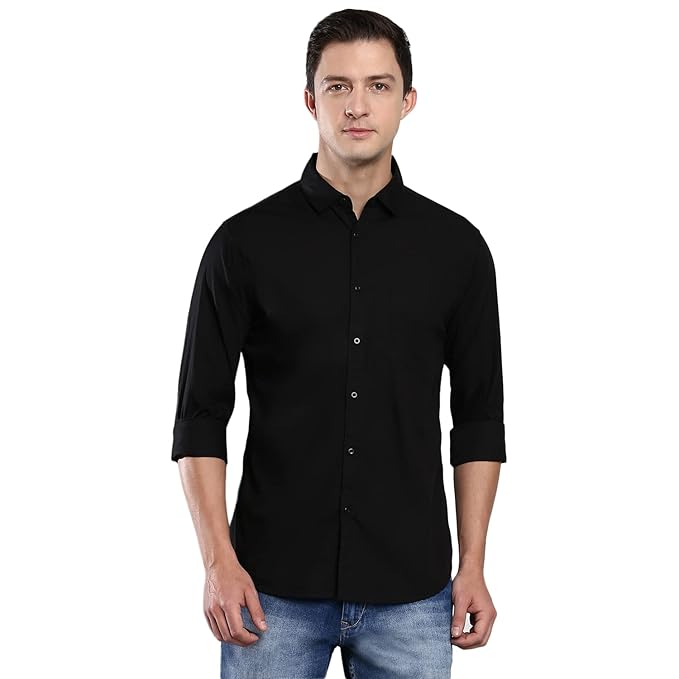 Men Solid Cotton Casual Black Shirt
