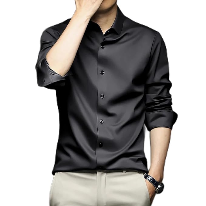 Men Satin Silk Formal Black Shirt