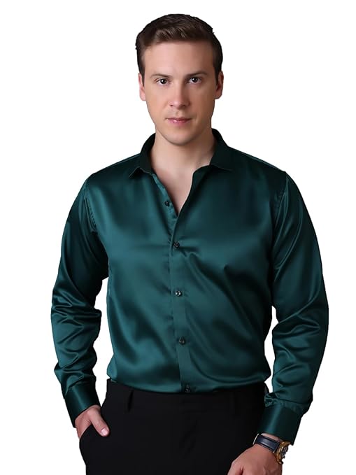 Men Satin Silk Formal Dark Green Shirt