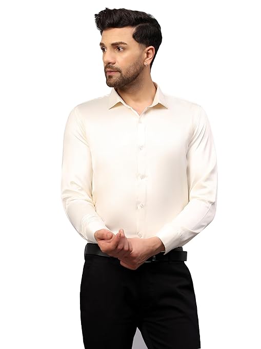 Men Satin Silk Formal Cream Shirt
