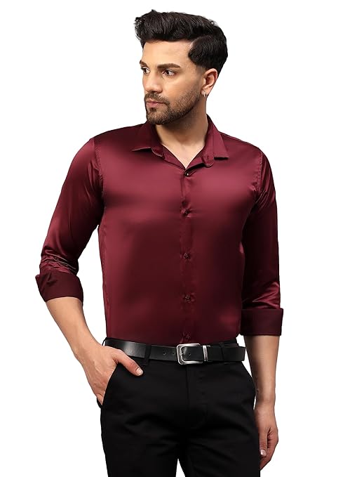 Men Satin Silk Formal Maroon Shirt