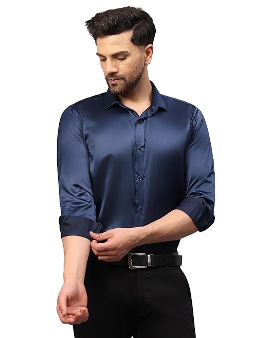 Men Satin Silk Formal Navy Blue Shirt