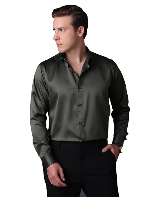 Men Satin Silk Formal Olive Green Shirt