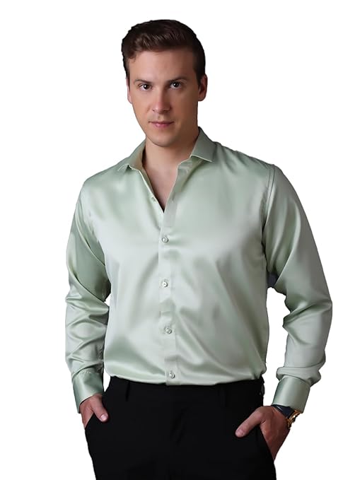 Men Satin Silk Formal Pista Green Shirt