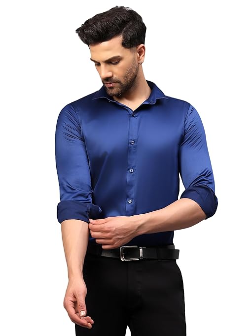 Men Satin Silk Formal Royal Blue Shirt