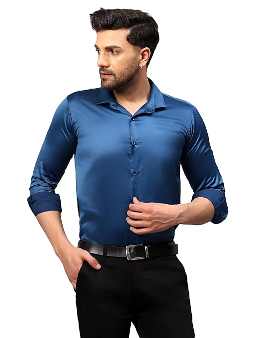 Men Satin Silk Formal Teal Blue Shirt