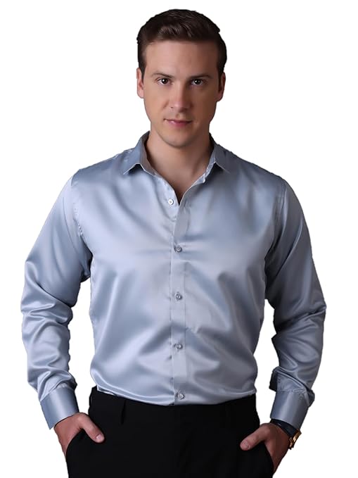 Men Satin Silk Formal Light Grey Shirt
