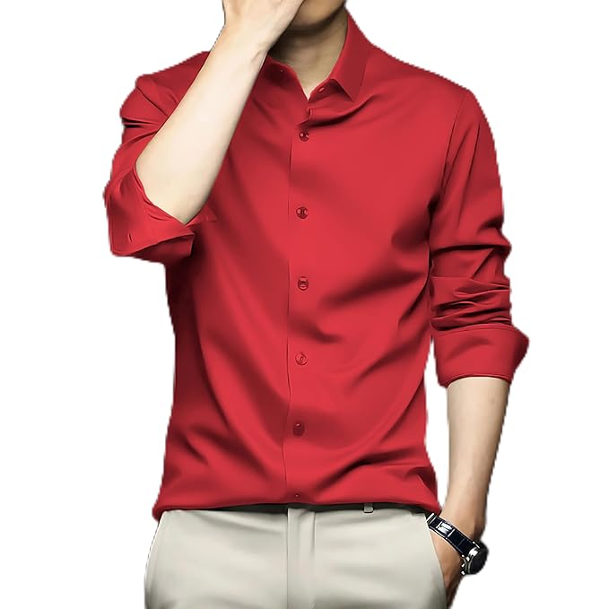 Men Satin Silk Formal Red Shirt