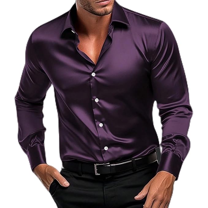 Men Satin Silk Formal Wine Shirt