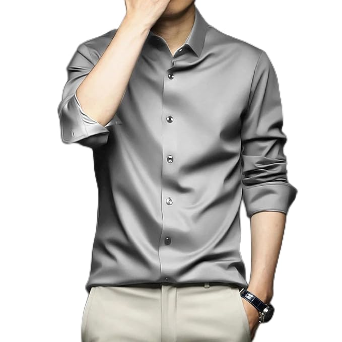 Men Satin Silk Formal Silver Shirt