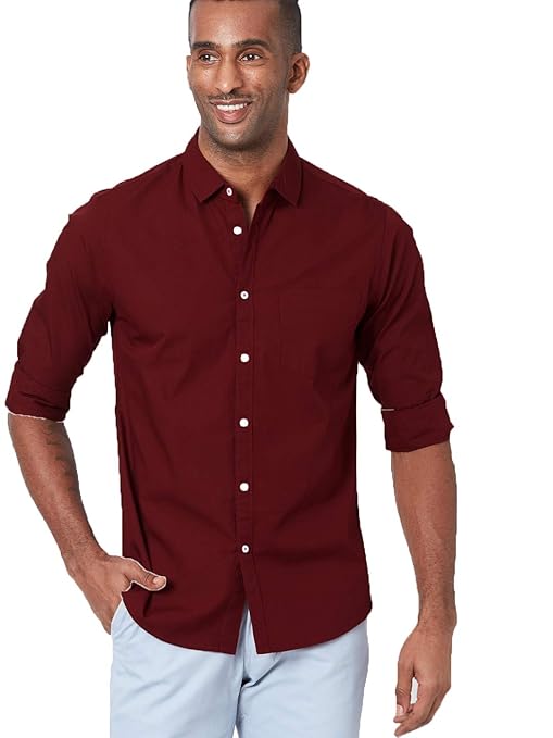 Men Solid Cotton Casual Maroon Shirt