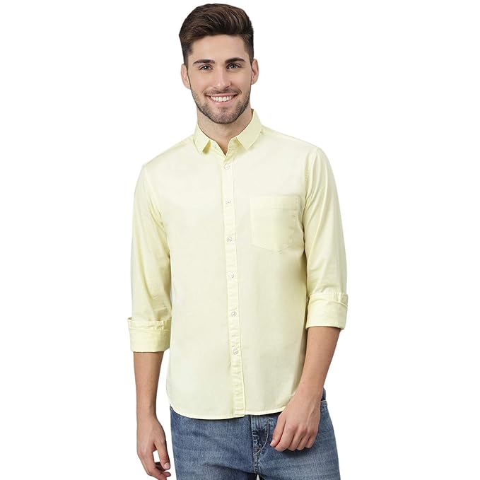 Men Solid Cotton Casual Yellow Shirt