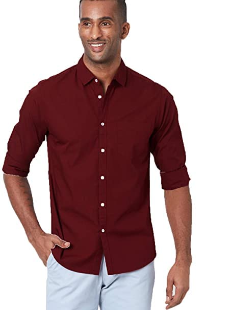 Men Solid Cotton Casual Dark Red Shirt