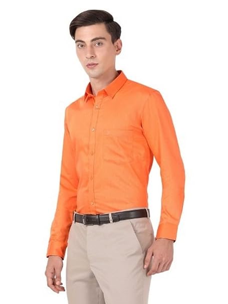 Men Cotton Plain Orange Shirt