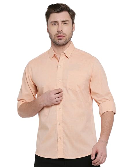 Men Cotton Plain Peach Shirt