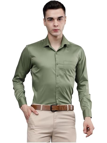Men Satin Formal Olive Green Shirts