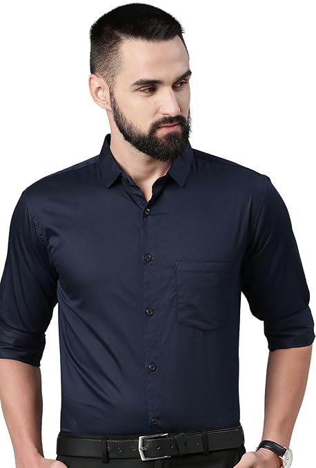 Men Satin Cotton Formal Navy Blue Shirt