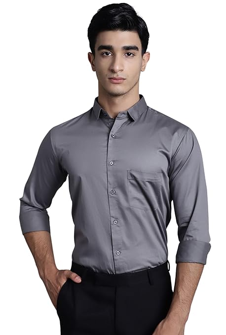Men Satin Cotton Formal Dark Grey Shirt