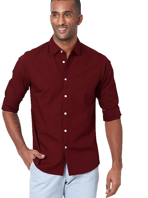 Men Solid Cotton Casual Maroon Shirt