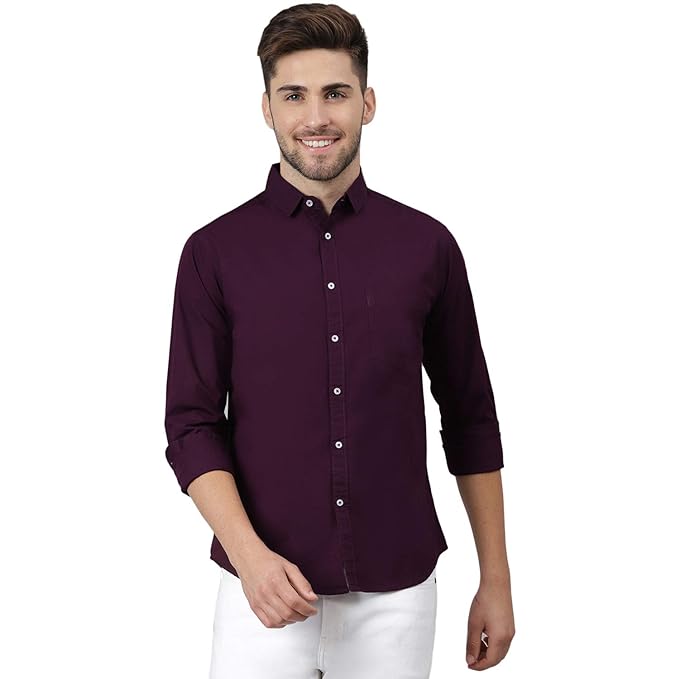 Men Solid Cotton Casual Purple Shirt