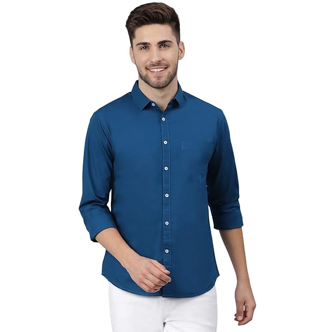 Men Solid Cotton Casual Teal Blue Shirt