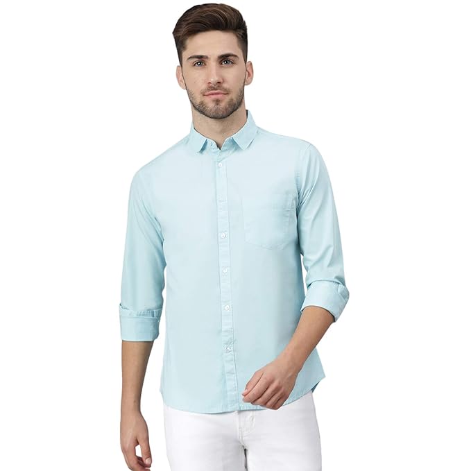 Men Solid Cotton Casual Torquoise Blue Shirt