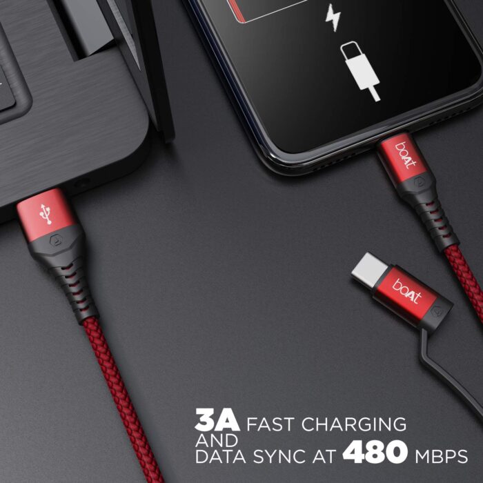 boAt USB Type C Cable 3 A 1.5 m Deuce USB 330 2-in-1 Micro and with 3A Fast Charge,480mbps,Martian Red - Image 2