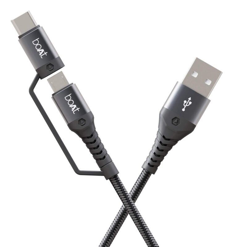 boAt USB Type C Cable 3 A 1.5 m Deuce USB 330 2-in-1 Micro USB and with 3A Fast Charge, 480mbps??(Compatible with Mobile, Tablet, Speaker, Power Bank, Mercurial Black)