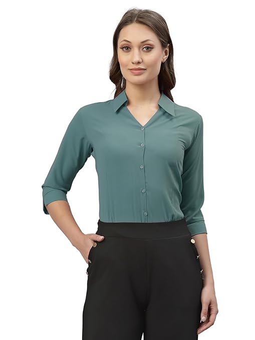 Women Poly Solid Mint Green Shirt